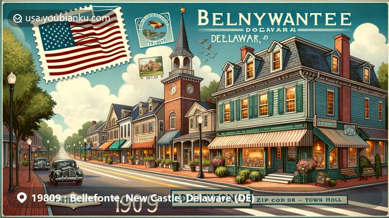 Modern illustration of Bellefonte, New Castle County, Delaware, capturing small-town charm and community spirit, showcasing Brandywine Boulevard with quaint shops and restaurants, featuring Arts & Crafts architectural style and Delaware state flag.