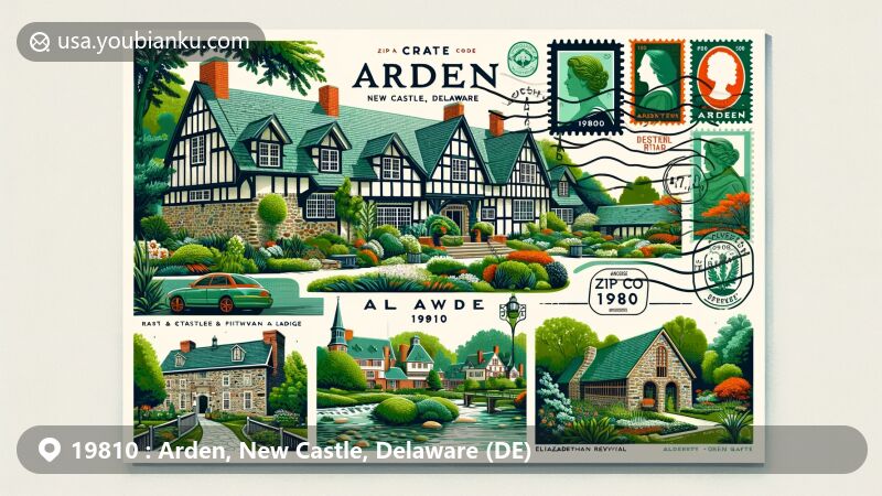 Modern illustration of Arden, New Castle, Delaware, showcasing postal theme with ZIP code 19810, featuring Elizabethan Revival architecture and arts and crafts heritage.