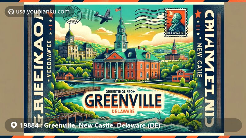 Modern illustration of Greenville, New Castle, Delaware, featuring iconic landmarks like New Castle Court House and Brandywine Creek State Park, with postal theme including airmail border and vintage stamp.