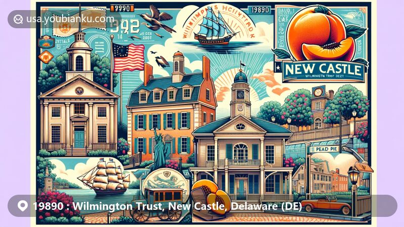 Modern illustration of Wilmington Trust, New Castle, Delaware, focusing on ZIP code 19890, highlighting the historic charm of New Castle with colonial-era buildings, cobblestone streets, New Castle Court House Museum, Read House & Gardens, and Delaware state symbols.