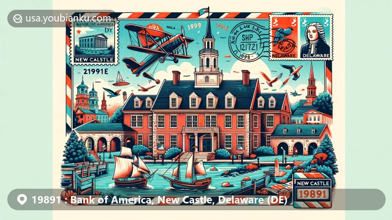 Modern illustration of New Castle, Delaware, featuring ZIP code 19891, highlighting historic New Castle Court House Museum and Delaware River, reflecting Dutch and Swedish heritage.