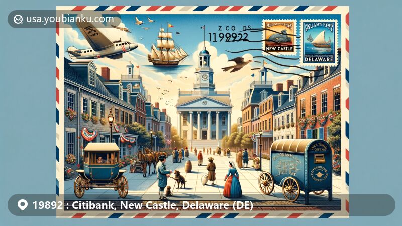 Modern illustration of Citibank, New Castle, Delaware, showcasing postal theme with ZIP code 19892, featuring New Castle Court House, The Strand, and Frenchtown Railroad Ticket Office, along with Delaware state symbols.