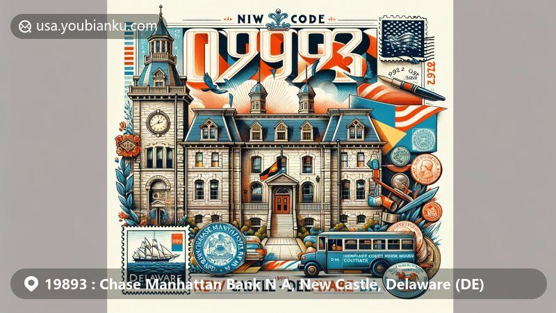 Modern illustration of New Castle Court House Museum, showcasing ZIP code 19893, Chase Manhattan Bank N A, New Castle, Delaware, incorporating state flag and postal elements.