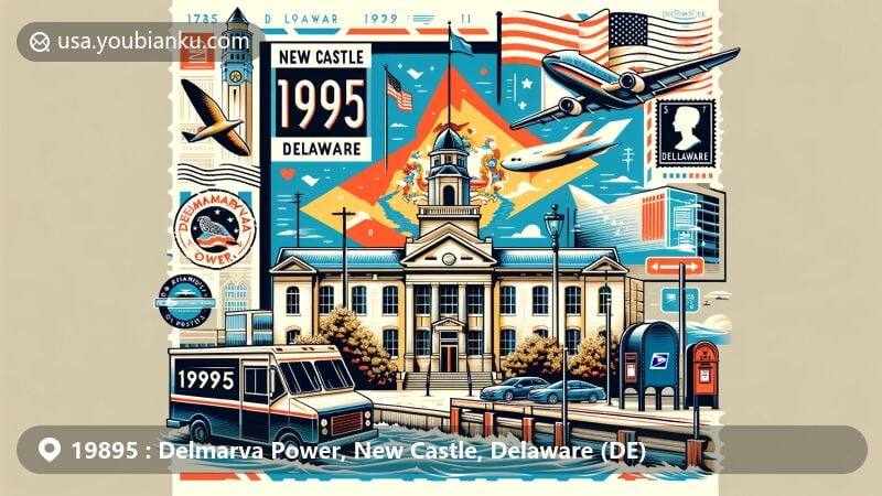 Modern illustration of ZIP Code 19895, integrating Delaware's iconic elements with a postal theme, featuring state flag, New Castle landmark, airmail envelope, stamp, postmark, mailbox, and postal van.