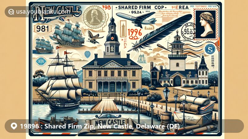 Modern illustration of Shared Firm Zip in New Castle, Delaware, showcasing postal theme with ZIP code 19896, featuring New Castle Courthouse, Battery Park, and Kalmar Nyckel ship.