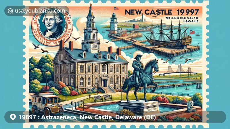Modern illustration of New Castle, DelawareZIP code 19897, showcasing historic New Castle Court House, Battery Park, and postal service elements.