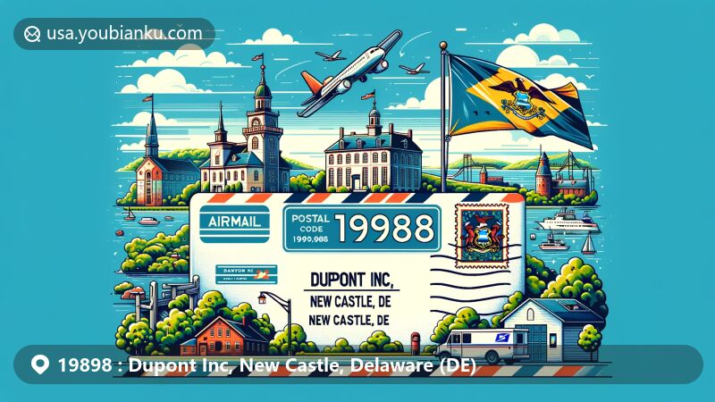 Modern illustration of New Castle, Delaware, showcasing postal theme with ZIP code 19898, featuring Hagley Museum, Battery Park, and Delaware state flag.