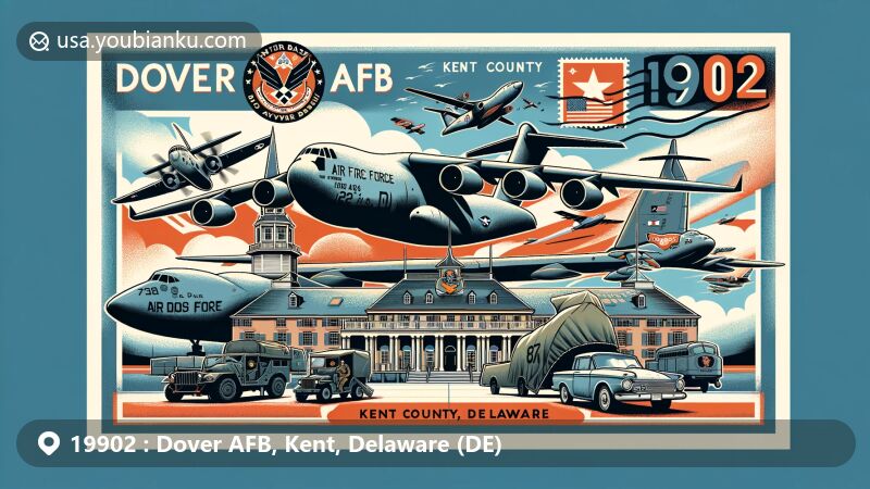 Modern illustration of Dover AFB, Kent County, Delaware, featuring historical aircraft evolution from WWII to C-5 Galaxy, with Delaware state flag, emphasizing the base's military significance across eras.