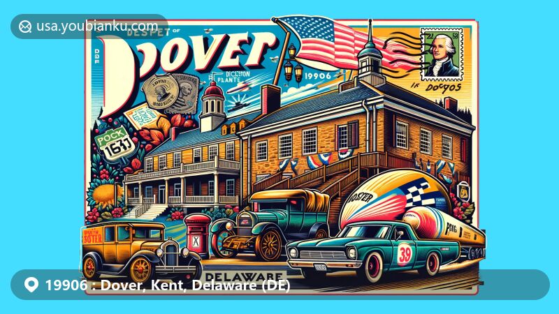 Illustration of Dover, Delaware, highlighting the 19906 ZIP code area with historical and postal elements, featuring the Old State House, John Dickinson Plantation, vintage postcard design, postal stamp of Dover Motor Speedway, postal truck, and mailbox.