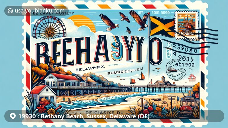 Modern illustration of Bethany Beach, Sussex County, Delaware, featuring postal elements and local landmarks like Bethany Beach Boardwalk, Indian River Inlet Bridge, and Discoversea Shipwreck Museum, highlighting state symbols and ZIP code 19930.