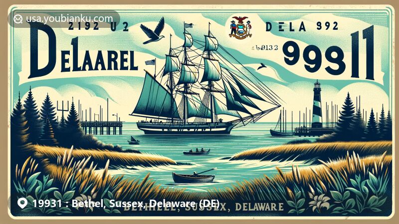 Modern illustration of Bethel, Sussex, Delaware, showcasing ZIP code 19931 with Chesapeake sailing rams, forests, and shipyards, incorporating Delaware state flag elements, town name, and lush coastal landscape.