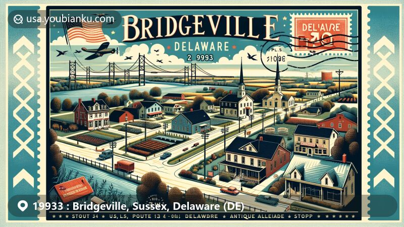 Modern illustration of Bridgeville, Delaware, ZIP code 19933, showcasing town's unique characteristics and landmarks in vintage-style postal card theme.