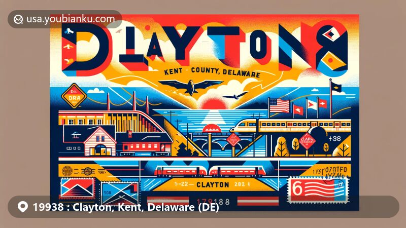 Modern postcard-style illustration representing Clayton, Kent County, Delaware with ZIP code 19938, incorporating state flag, Kent County outline, Del Route 6, Delmarva Central Railroad, and postal elements.