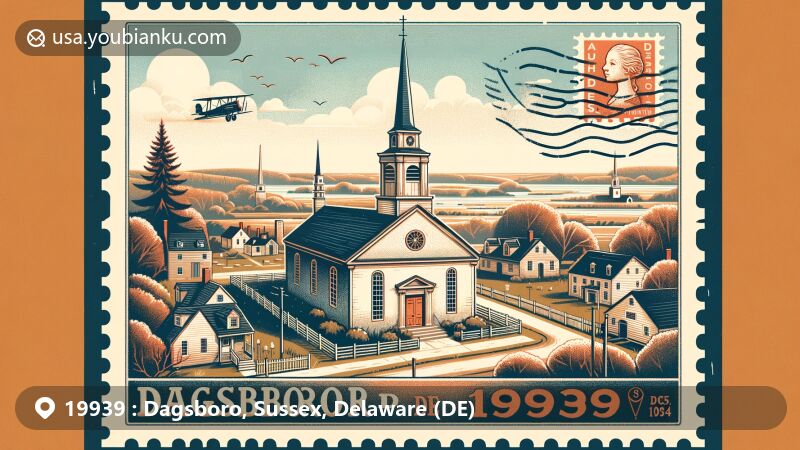 Modern illustration of Dagsboro, Sussex, Delaware, depicting the charm and historical significance of the area with ZIP code 19939, featuring Prince George's Chapel and rural landscapes.