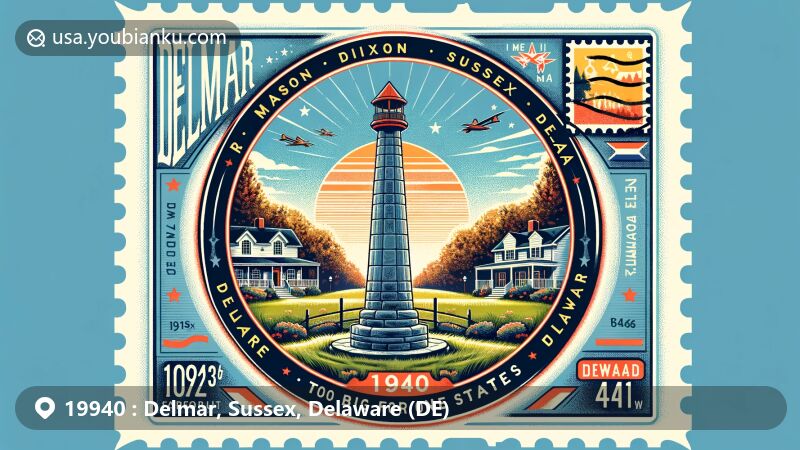 Modern illustration of Delmar, Sussex County, Delaware, capturing postal theme with ZIP code 19940, featuring the Mason Dixon Marker and charming town ambiance.