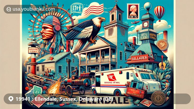 Modern illustration of Ellendale, Delaware, highlighting historical and cultural elements with postal themes, including early settlement, Nanticoke Indian Tribe, railroad, and Ellendale Fire Company. Features vintage air mail envelope, stamps, postal truck, and ZIP Code 19941, with subtle Delaware state flag.