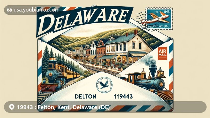Modern illustration of Felton, Delaware, in Kent County (ZIP Code 19943), depicting the town's small-town charm, historical ties to Delaware Railroad, cozy downtown area, and rolling hills with lush forests for outdoor activities.