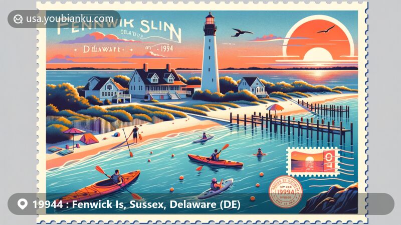 Modern illustration of Fenwick Island, Delaware, showcasing beach activities at Fenwick Island State Park, including kayaking and paddleboarding on Little Assawoman Bay, with a backdrop of sunset and Fenwick Island Lighthouse, featuring postcard theme with ZIP code 19944.
