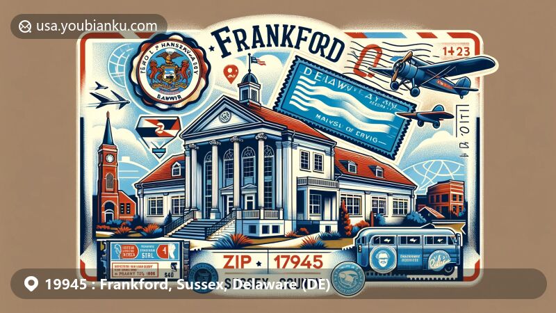 Modern illustration of Frankford, Sussex County, Delaware, celebrating ZIP code 19945, featuring the Frankford Public Library, postal symbols, and Delaware state flag.