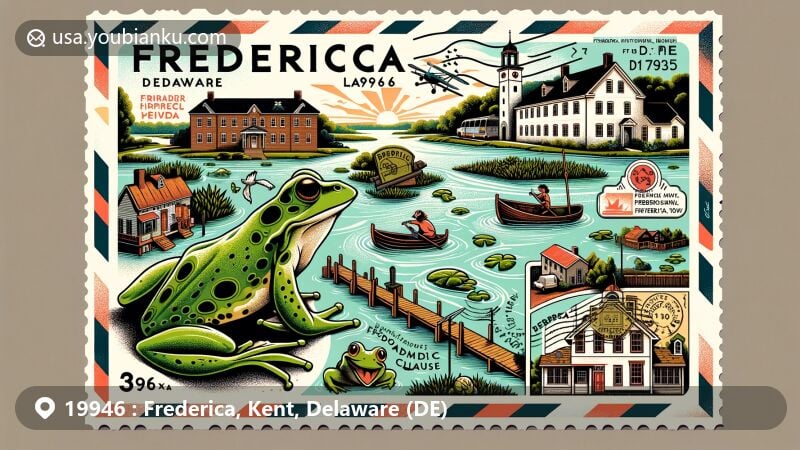 Creative illustration of Frederica, Delaware, 19946, featuring Murderkill River, historic landmarks like Barratt Hall and Barratt's Chapel, as well as symbols of its shipping history and Frogtown nickname.