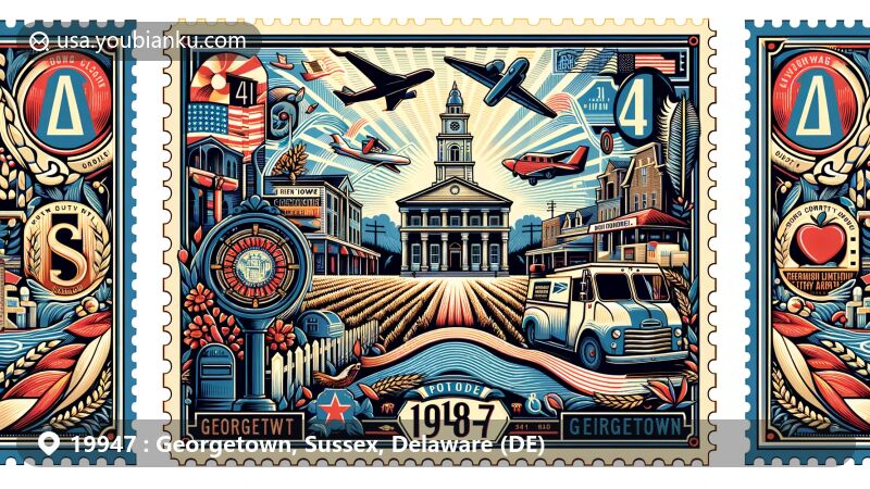 Modern illustration of Georgetown, Delaware, featuring ZIP code 19947, highlighting iconic Georgetown Circle and Delaware Coastal Airport, merging postal motifs with town's agricultural and legal significance.