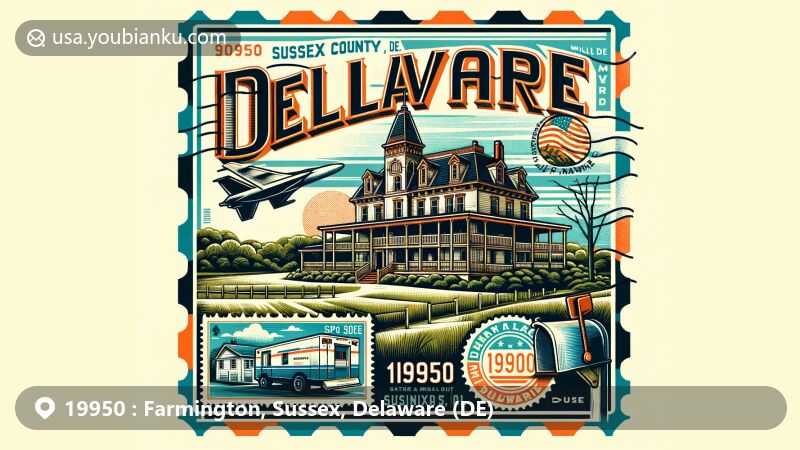 Contemporary illustration of Farmington, Sussex County, DE, boasting ZIP code 19950, showcasing the Tharp House and Delaware state symbols in a postcard-like design.