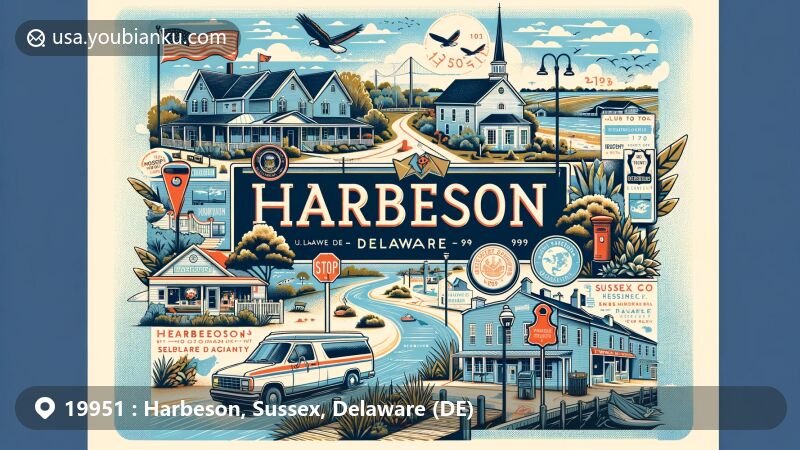 Modern illustration of Harbeson, Sussex County, Delaware, showcasing rural charm and postal heritage with vintage postcard layout, featuring stylized ZIP code '19951' and postal imagery like mailbox or postal vehicle.