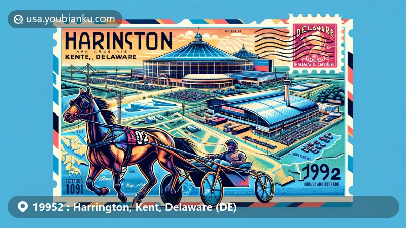 Modern illustration of Harrington, Kent, Delaware, featuring Harrington Raceway & Casino and Delaware State Fair's Kent Building, set against a backdrop of Kent County's geographical outline, resembling a postcard with ZIP code 19952.