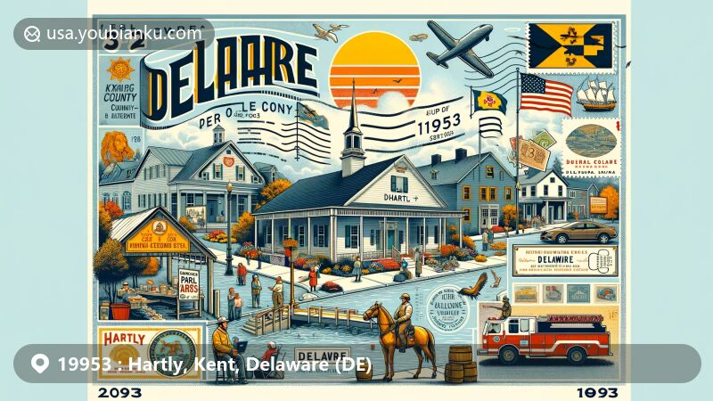 Modern illustration of Hartly, Delaware, showcasing postal theme with ZIP code 19953, historical roots, and cultural diversity from early 1700s settlers. Features town amenities and outdoor activities with Delaware state flag.