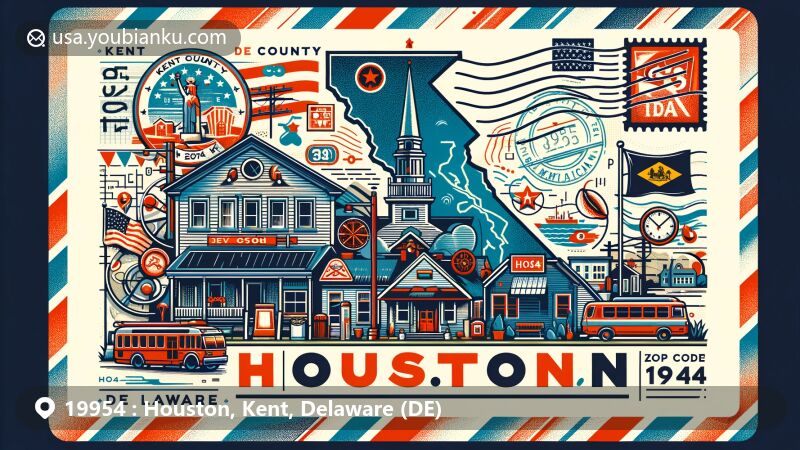 Modern illustration of Houston, Kent County, Delaware, showcasing postal theme with ZIP code 19954, featuring small-town charm with traditional buildings, a main street, and Delaware state symbols.