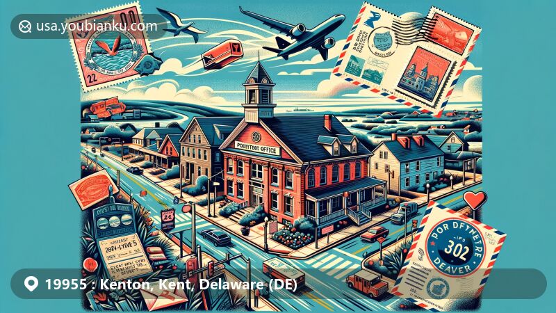Modern illustration of Kenton, Delaware, featuring Kenton Historic District, Kenton Post Office, and postal elements like airmail envelope, stamps, postmark, ZIP code 19955, and area code 302.