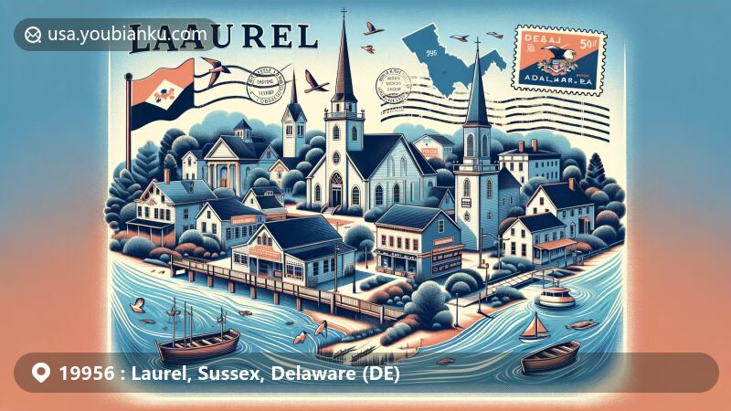 Modern illustration of Laurel, Sussex County, Delaware, highlighting key landmarks like Laurel Historic District, Old Christ Church, and Laurel Public Library. Features Delaware state flag, Sussex County outline, airmail envelope, postage stamps with ZIP code 19956, and postmark date stamp.