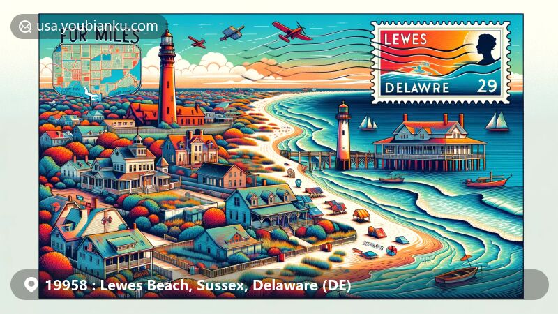 Creative depiction of Lewes Beach, Delaware, as an airmail envelope or postcard, featuring Fort Miles Historic Area, Fisher Martin House, and Zwaanendael Museum amid vibrant natural landscapes and beach views.