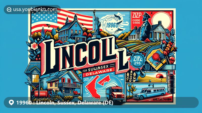 Modern wide-format illustration of Lincoln, Sussex County, Delaware, with postal theme inspired by ZIP code 19960, featuring flag of Delaware, stylized outline of Sussex County, and iconic representations of Lincoln's community.
