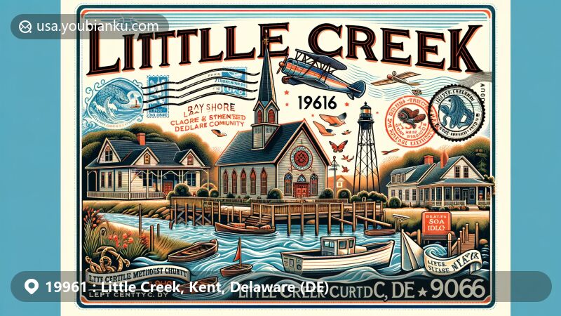 Modern illustration of Little Creek, Kent County, Delaware, featuring the town's rich maritime history and connection to the water. Includes Gothic Revival architecture of Little Creek United Methodist Church, boats, and Delaware Bay. Postal theme with vintage air mail envelope showing Port Mahon Lighthouse stamp and 'Little Creek, DE 19961'. Decorative elements hint at town's early 1800s origin and rumored pirate past.