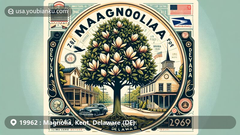 Modern illustration of Magnolia, Kent County, Delaware, embodying small-town charm and postal heritage with iconic magnolia trees, vintage postcard design, and ZIP code 19962.