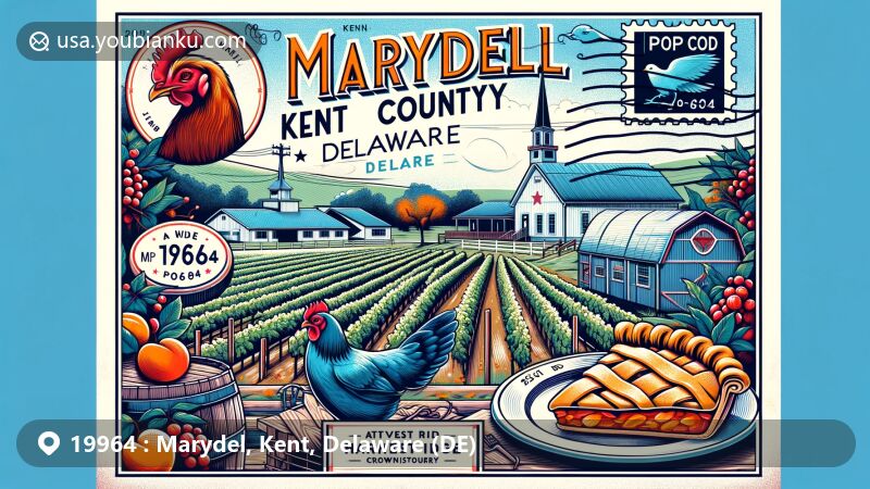 Modern illustration of Marydel, Kent County, Delaware, highlighting winemaking and agriculture themes with Harvest Ridge Winery and Mason-Dixon Crownstone, showcasing Delaware symbols like the Blue Hen, peach pie, and American Holly tree.