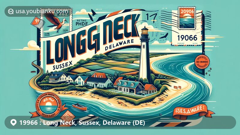 Modern illustration of Long Neck, Sussex, Delaware, featuring ZIP code 19966, showcasing postal theme with postcard, air mail envelope, stamps, and postmarks, integrating Sussex County geography. Includes recognizable landmarks and symbols reflecting natural landscapes, historical development, and bay connection.