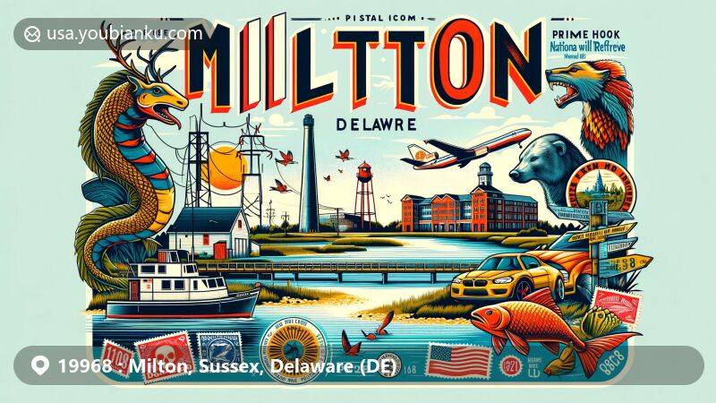 Modern illustration of Milton, Delaware, featuring Dogfish Head Brewery, Prime Hook National Wildlife Refuge, and the Broadkill River, with a postal theme highlighting ZIP code 19968 and Delaware state flag.
