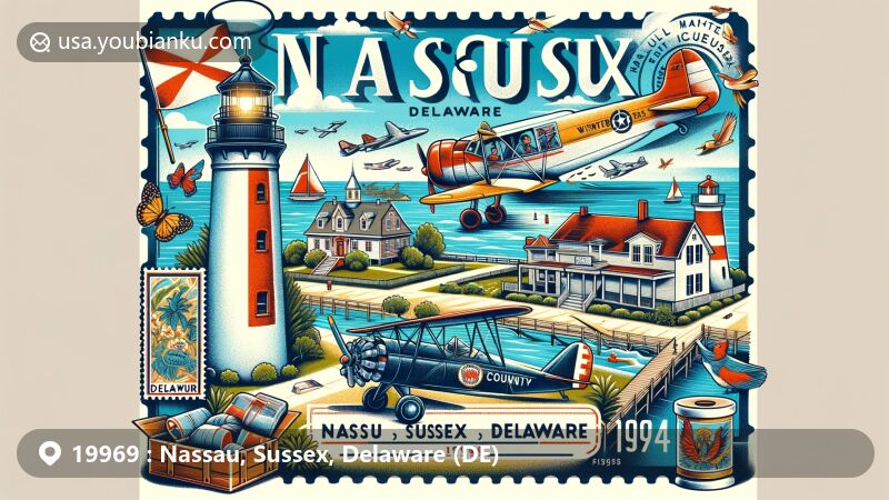 Modern illustration of Nassau, Sussex, Delaware, depicting Fenwick Island Lighthouse, Air Mobility Command Museum aircraft, and Winterthur Museum's decorative arts influence, combined with Delaware state symbols and postal motifs.