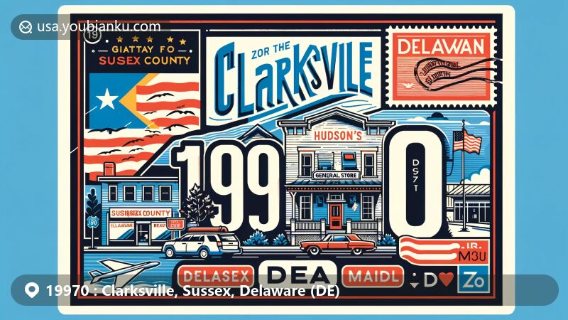 Modern illustration of Clarksville, Sussex County, Delaware, highlighting postal theme with ZIP code 19970, featuring Delaware state flag, Sussex County outline, and stylized Hudson's General Store as a key local landmark.