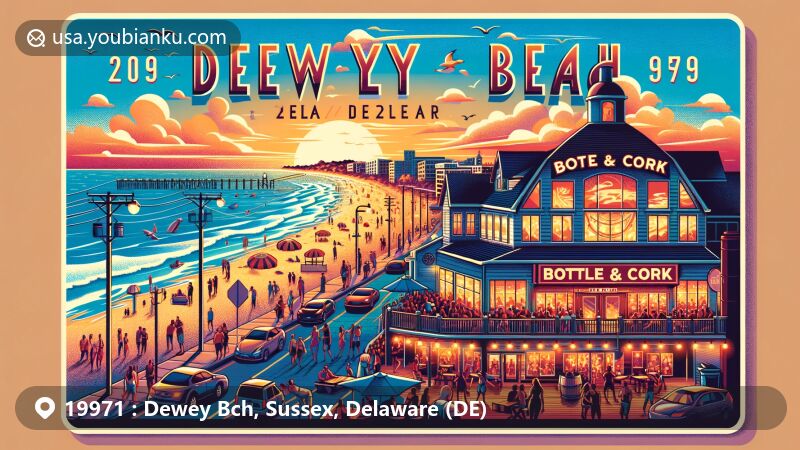 Contemporary illustration capturing the vibrant nightlife and beach culture of Dewey Beach, Sussex County, Delaware, featuring the famous Bottle & Cork venue and live music scene.