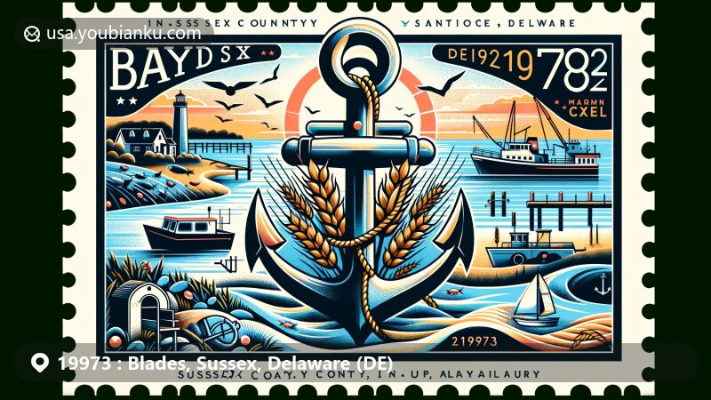 Modern illustration of Blades, Sussex County, Delaware, featuring Nanticoke River, wheat bundle, and anchor symbolizing town's agriculture and marina connection, with background activities like fishing, highlighting postal theme with ZIP code 19973.