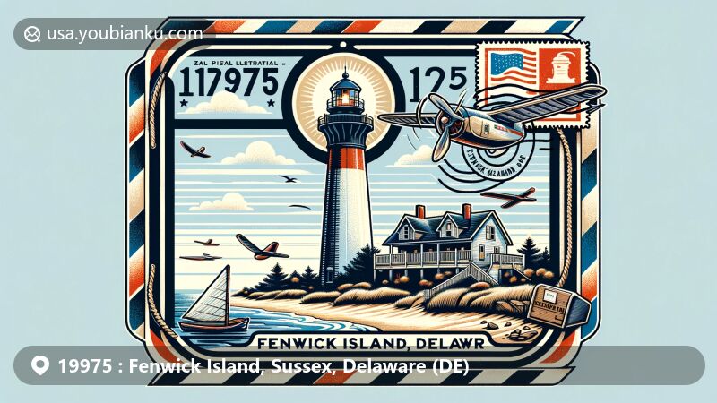 Modern illustration of Fenwick Island, Delaware, showcasing postal theme with ZIP code 19975, featuring Fenwick Island Lighthouse and serene beach atmosphere.