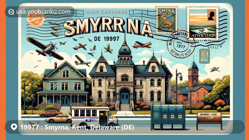 Modern illustration of Smyrna, DE, showcasing Smyrna Museum, Smyrna Opera House, Belmont Hall, and Bombay Hook National Wildlife Refuge, integrated into a postal theme with vintage postcard and mailbox imagery.