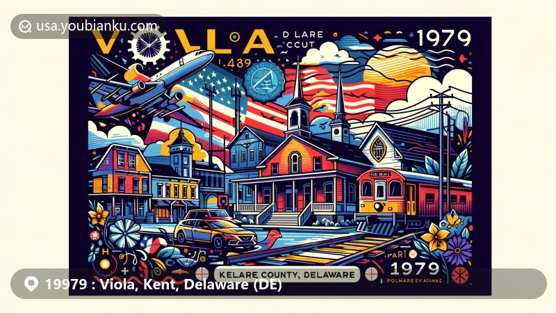 Modern illustration of Viola, Kent County, Delaware, with a postcard or air mail envelope design, showcasing the state flag, Kent County outline, and iconic landmarks like Main Street and the Delaware Railroad.