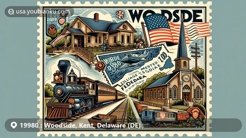 Modern illustration of Woodside, Kent County, Delaware, inspired by its history as a railroad town and 'Village of Fredonia,' featuring Delaware state symbols and a vintage postal stamp of Woodside Methodist Episcopal Church.