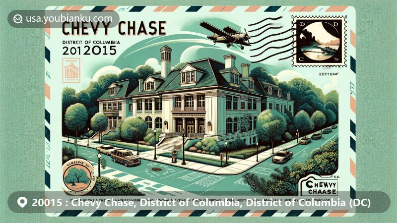 Modern illustration of Chevy Chase, District of Columbia, 20015, featuring Chevy Chase Neighborhood Library, historical efforts, architectural diversity, and Rock Creek Park.