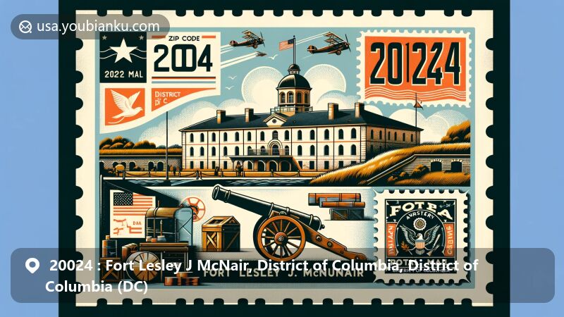 Vibrant modern illustration of Fort Lesley J. McNair, District of Columbia, featuring ZIP code 20024 and highlighting historical and military significance with iconic elements like Fort McNair architecture, cannons, and Potomac-Anacostia Rivers confluence.