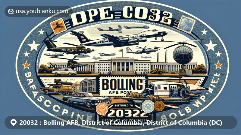 Modern illustration of Bolling AFB in District of Columbia, with postal and military themes, showcasing ZIP Code 20032, vintage aircraft like 'Sacred Cow,' and presidential transport helicopters.